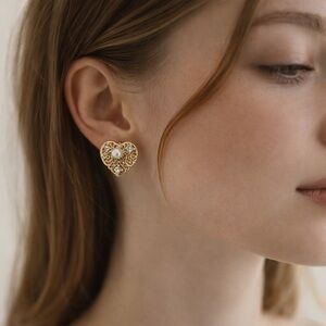 Vintage Gold Tone Heart Filigree Earrings Pearl Rhinestone Studs, Romantic